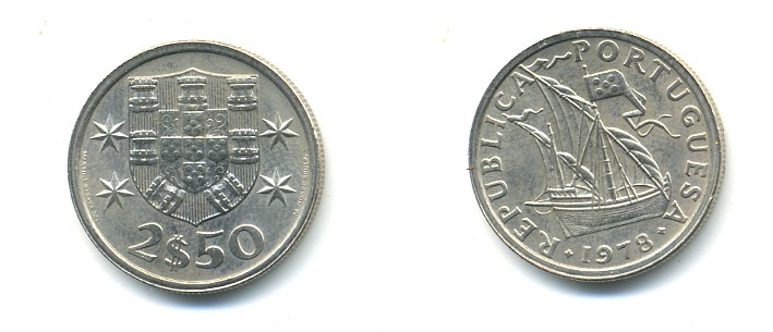 ПОРТУГАЛИЯ 2,5 ЭСКУДО 1978 ПАРУСНИК KM 590 медно-никель 176-135