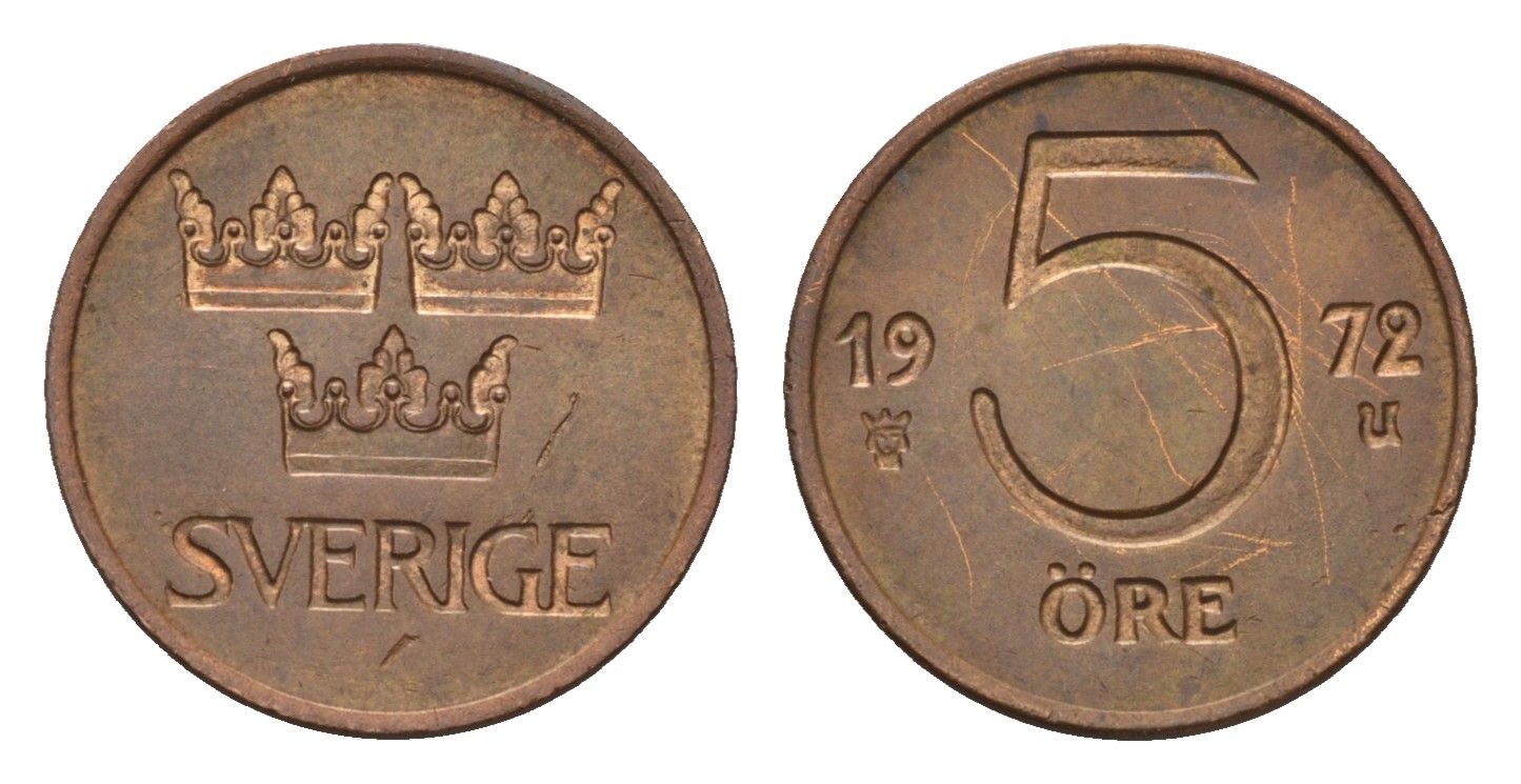 Швеция 5 эре 1972 Густав VI Адольф (1950-1973) KM 845 бронза 116-812
