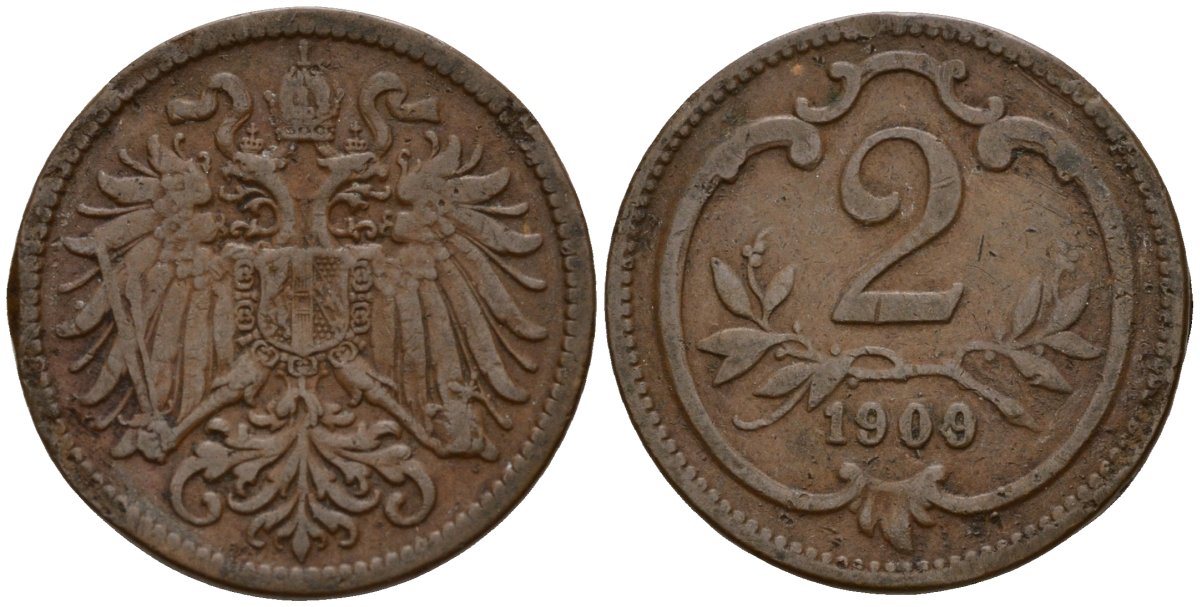Австрия 2 геллера 1909 Франц Иосиф I (1848-1916) (1846-1918) KM 2801 бронза 4158-635