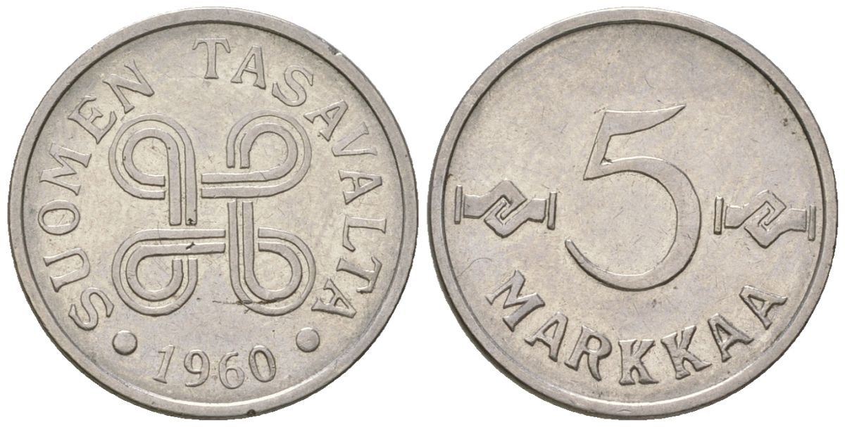 Финляндия 5 марок 1960 KM 37a железо плакированная никелем 4169-334