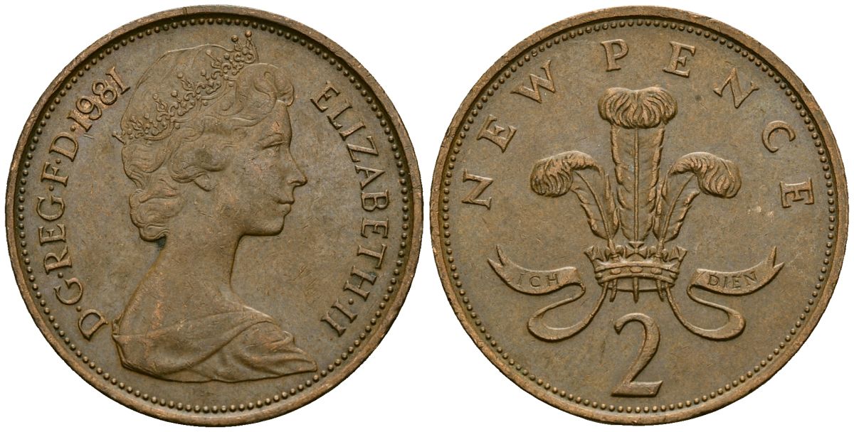 Великобритания 2 пенса 1981 Елизавета II (1952-2022) KM 916, Spink 4235 (C1) бронза 4138-754