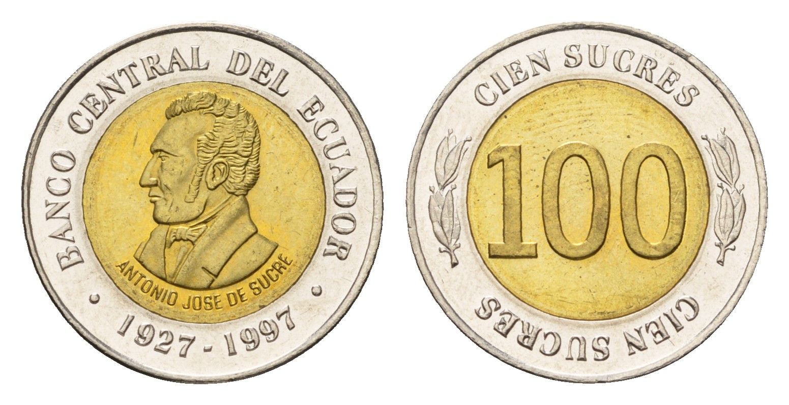 Эквадор 100 сукре 1997 70 лет Центробанку KM 101 биметалл UNC 4697-436