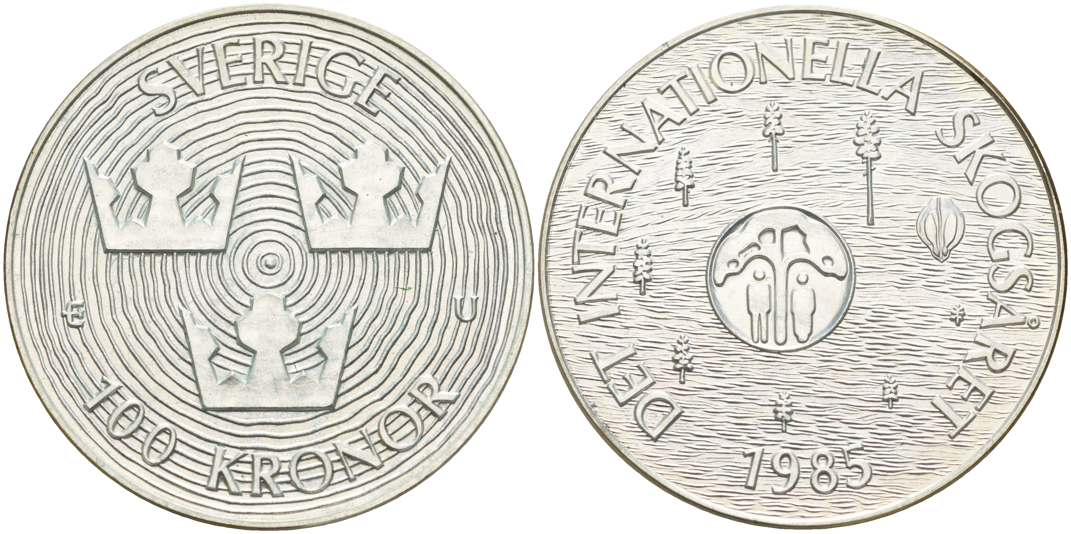 Швеция 100 крон 1985 Карл XVI Густав (1973- ), Международный год защиты лесов KM 866 серебро UNC 1517-622