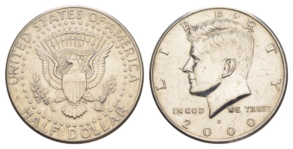 США 1/2 доллара (50 центов) 2000 D, Джон Кеннеди KM A202b медь плакированная медно-никелем aUNC 4517-323