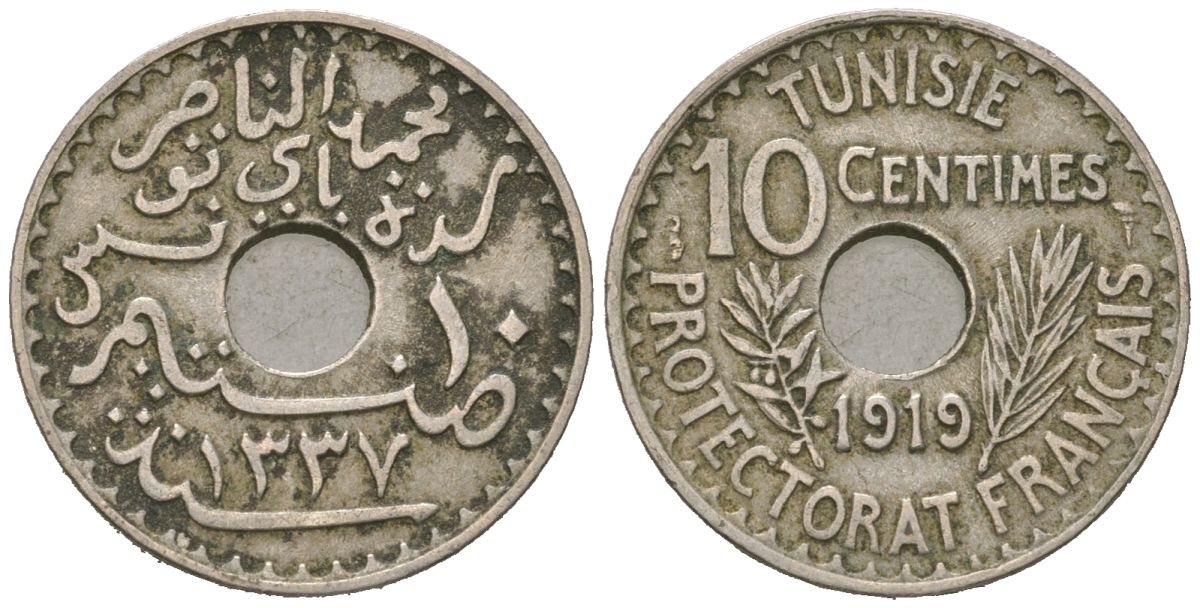 Тунис 10 сантимов 1919 АН 1337, Французский протекторат (1890-1959) KM 243 никель латунь 4615-537