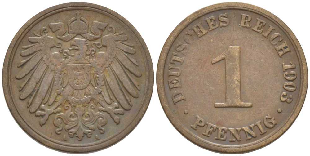 ГЕРМАНИЯ 1 ПФЕННИГ 1903 A KM 10, J. 10, Weege 2 медь 211-266