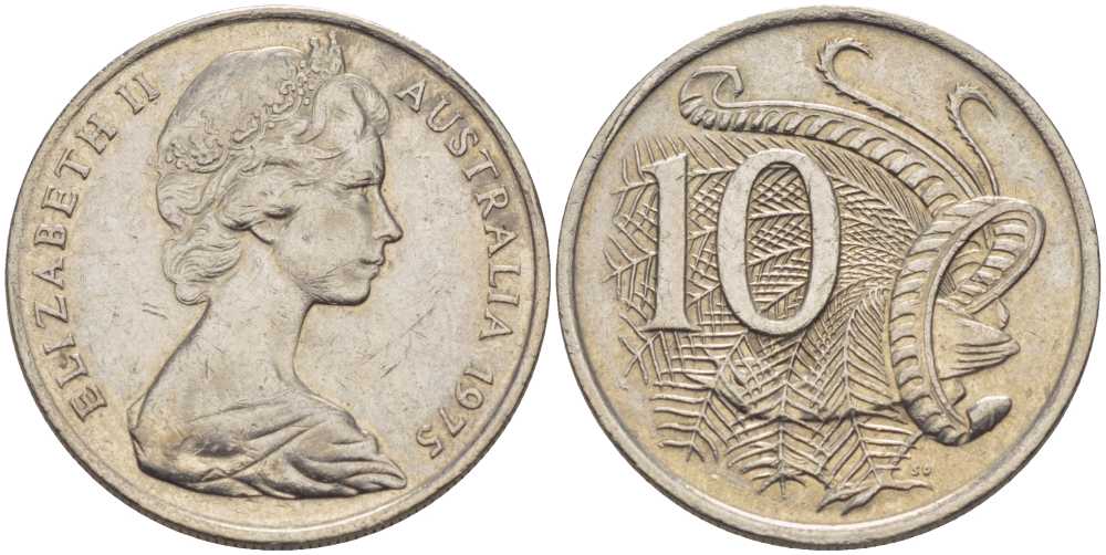 Австралия 10 центов 1975 Елизавета II (1952-), птица лирахвост KM 65 медно-никель 4382-947