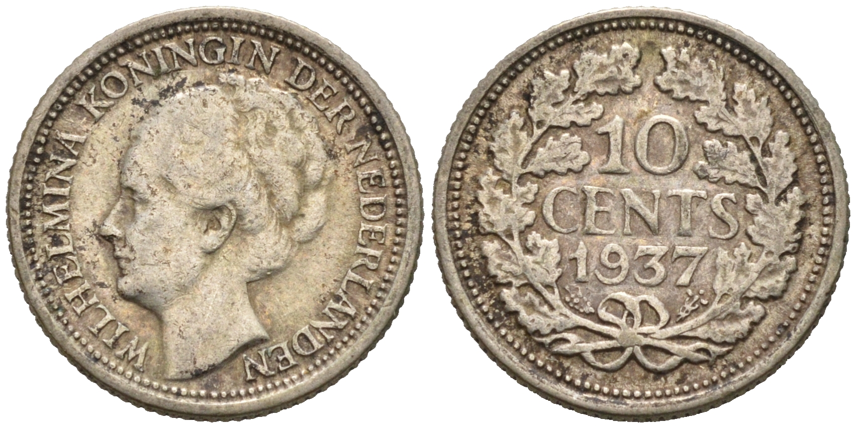 Нидерланды 10 центов 1937 Вильгельмина I (1890-1948) КМ 163 серебро 75-944
