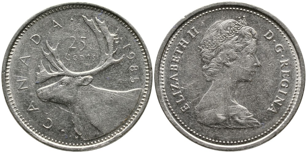 КАНАДА 25 ЦЕНТОВ 1985 ЕЛИЗАВЕТА II (1952-), ОЛЕНЬ, ВТОРОЙ ПОРТРЕТ В КОРОНЕ KM 74 никель 4543-747