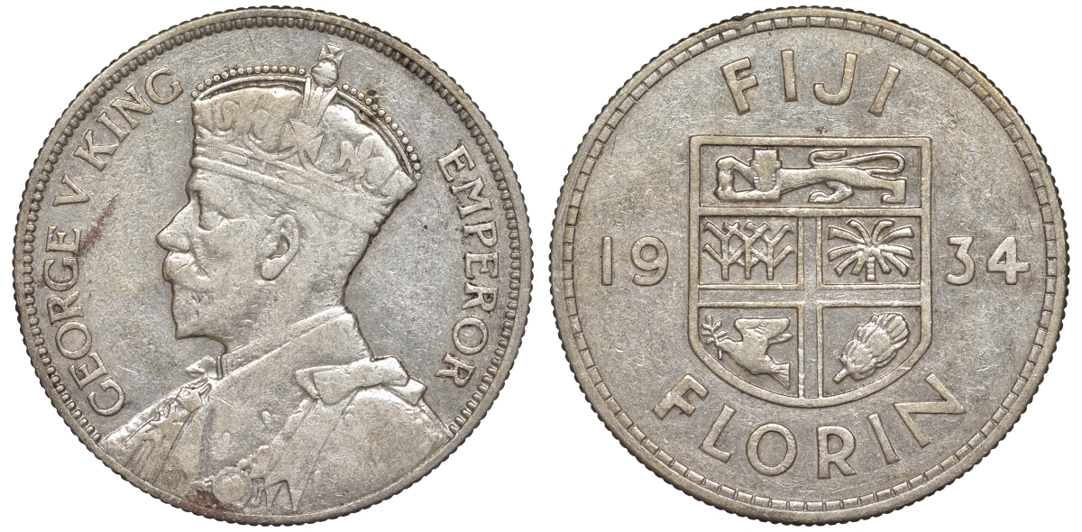Фиджи 1 флорин 1934 Георг V (1910-1936), герб Фиджи KM 5 серебро    91-1211