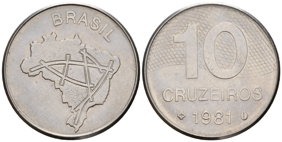 Бразилия 10 крузейро 1981 карта Бразилии KM 592.1 нержавеющая сталь 4146-551
