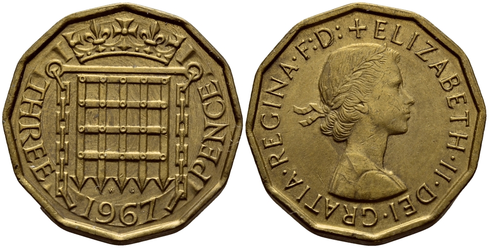 Великобритания 3 пенса 1967 Елизавета II (1952-2022) KM 900, Spink 4153 никель латунь 46-2652