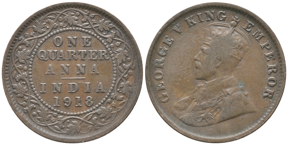 Британская Индия 1/4 анна 1918 Георг V (1910-1936) KM 512 бронза 34-132