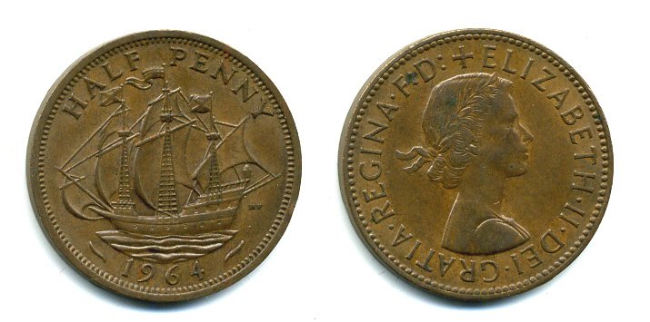 Великобритания 1/2 пенни 1964 Елизавета II (1952-2022) KM 896, Spink 4158 бронза 56-922