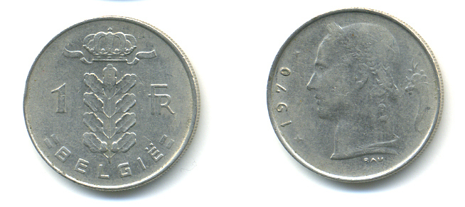 БЕЛЬГИЯ 1 ФРАНК 1970 BELGIE KM 143.1 медно-никель 86-1325