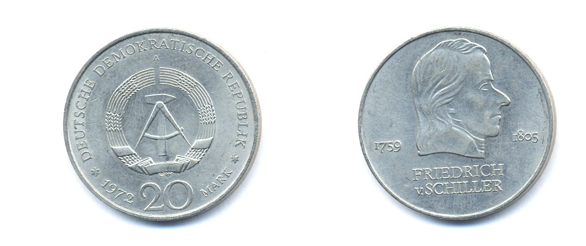 ГДР 20 марок 1972 А, Фридрих Шиллер (1759-1805) KM 40 медно-никель 3333-814