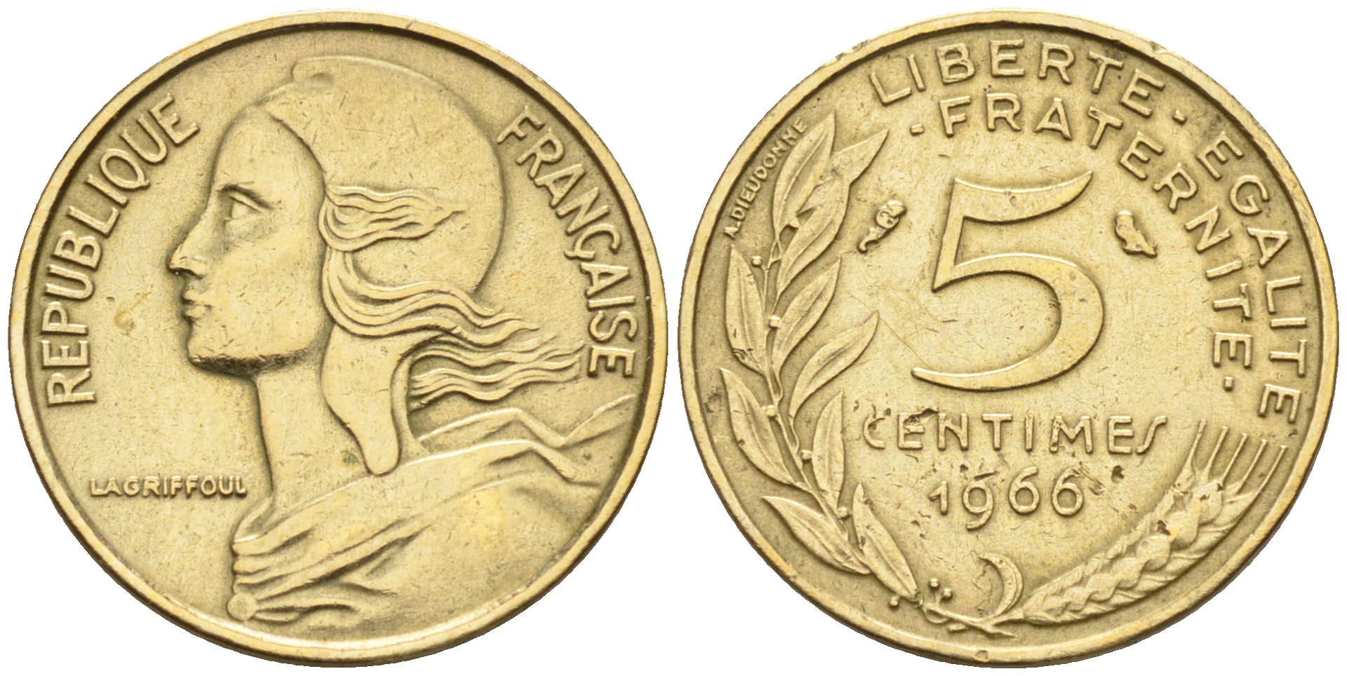 Франция 5 сантимов  1966 тип Марианна KM 933 никель алюминий медь 4115-251