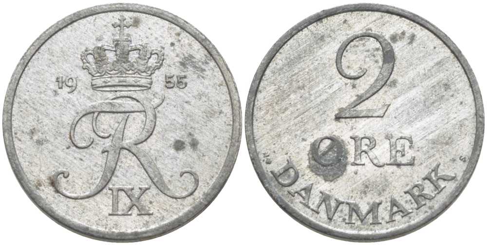 ДАНИЯ 2 ЭРЕ 1955 C; S, ФРЕДЕРИК IX (1947-1972) KM 840.1 цинк 110-957