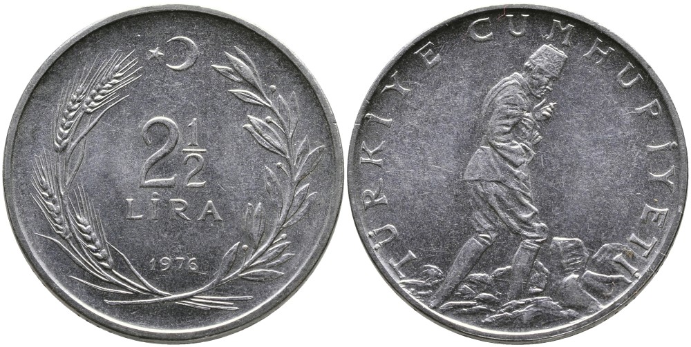 ТУРЦИЯ 2 1/2 ЛИРЫ 1976 KM 893.2 нержавеющая сталь 29-644