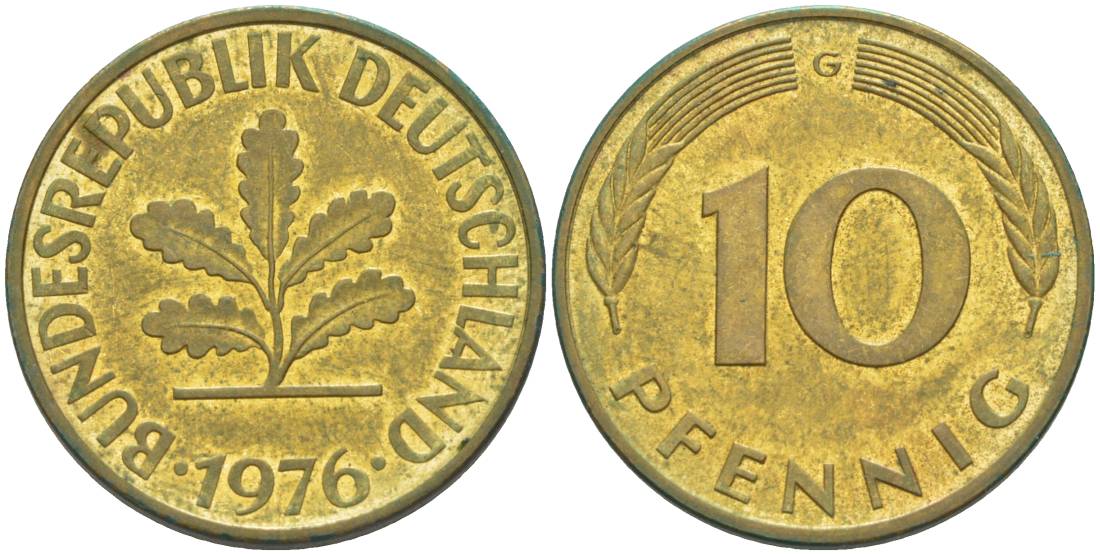 ФРГ 10 ПФЕННИГОВ 1976 G KM 108, J. 383 сталь плакированная латунью 219-513