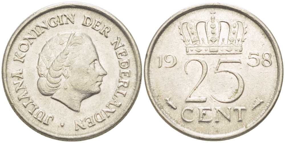 НИДЕРЛАНДЫ 25 ЦЕНТОВ 1958 ЮЛИАНА (1948-1980) KM 183 никель 214-929