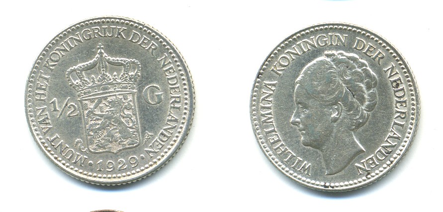 Нидерланды 1/2 гульдена 1929 Вильгельмина I (1890-1948) KM 160 серебро 84-961