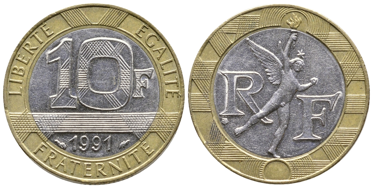 Франция 10 франков 1991 тип гений Бастилии KM 964.1, Le Frank 375.6 биметалл 93-1441