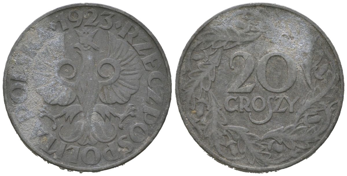 Польша 20 грошей 1923 w, Германская оккупация, вторая мировая война KM 37 цинк 4615-829