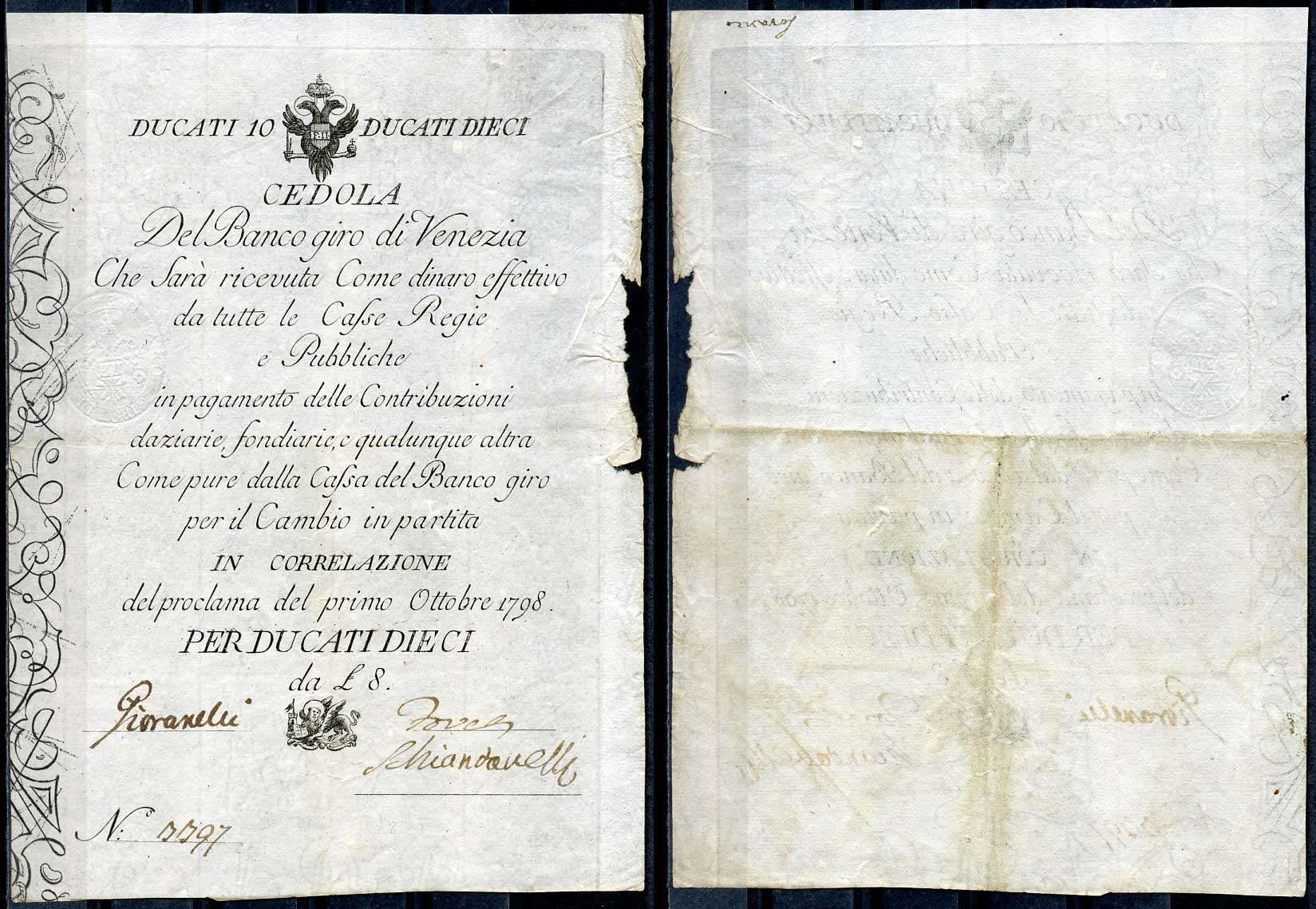 Италия, Венеция 10 дукатов 1798 Banco Giro di Venezia, № 0097 Pick S 181   бумага  451-57-1