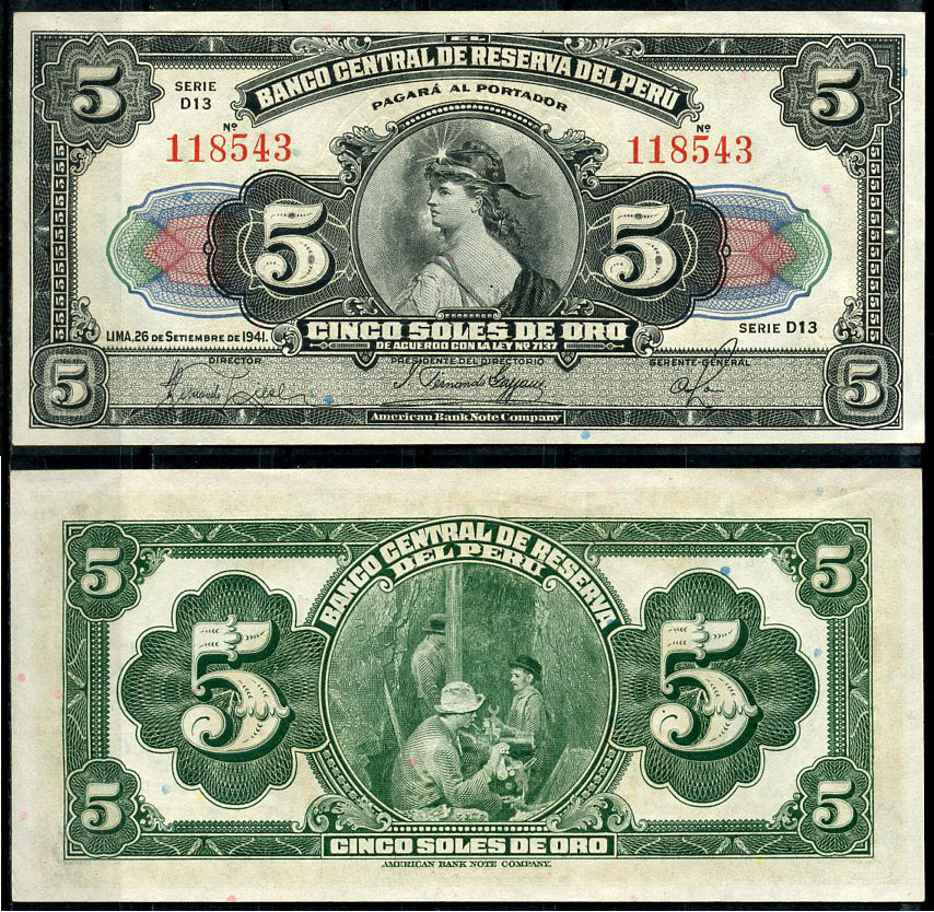 Перу 5 солей 1941 свобода, нефтяная промышленность Pick 66A a  бумага  UNC (пресс) 451-729-1