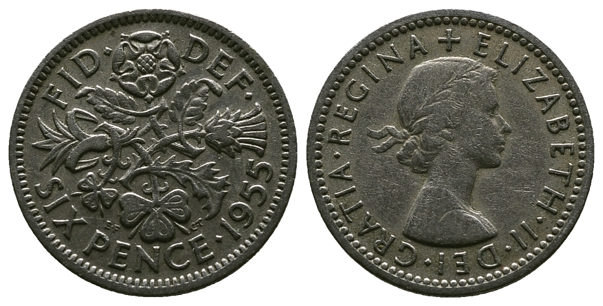 Великобритания 6 пенсов 1955 Елизавета II (1952-2022) KM 903, Spink 4149 медно-никель 4381-648