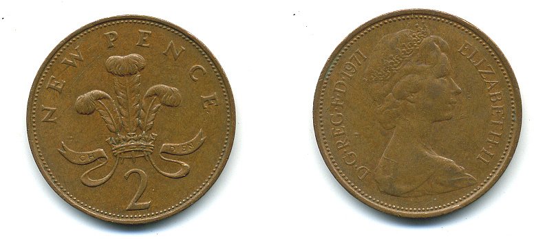 Великобритания 2 пенса 1971 Елизавета II (1952-2022) КМ 916, Spink 4235 (C1) бронза 4110-633
