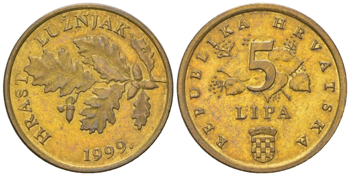 Хорватия 5 лип 1999 нечетный год KM 5 сталь плакированная латунью  UNC  4124-846