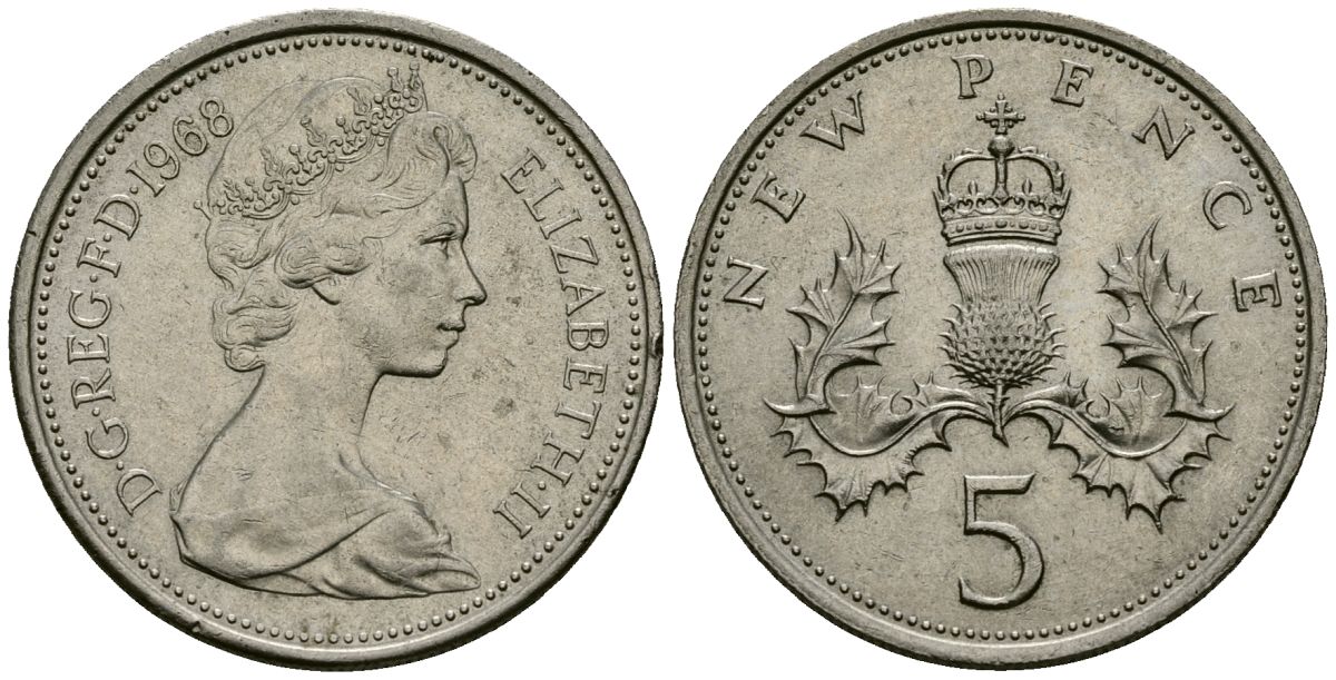 Великобритания 5 пенсов 1968 Елизавета II (1952-2022) KM 911, Spink 4233 (D1) медно-никель 4538-132