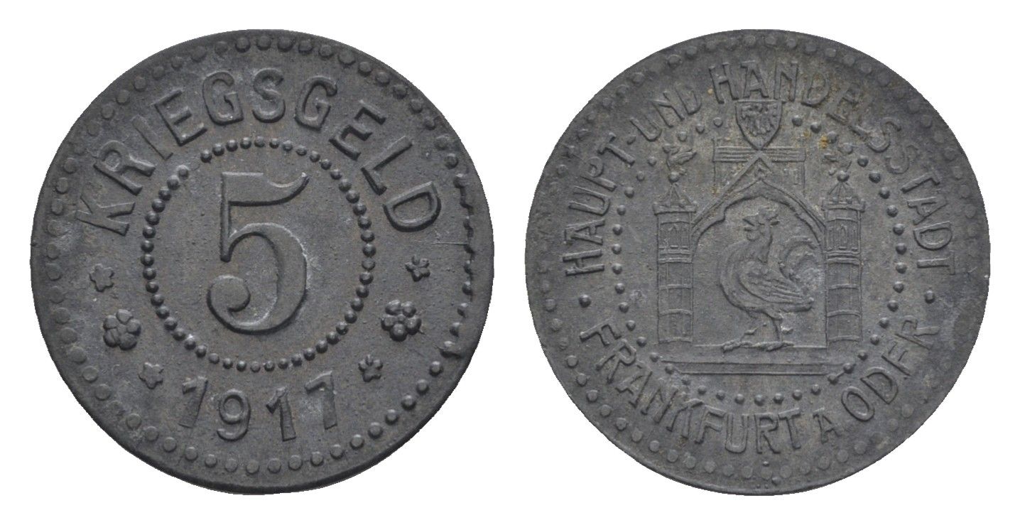 Франкфурт-на-Одере 5 пфеннигов 1917 Funck 137.1, Men05 7479.1, Men18 9402.1 цинк 4516-341
