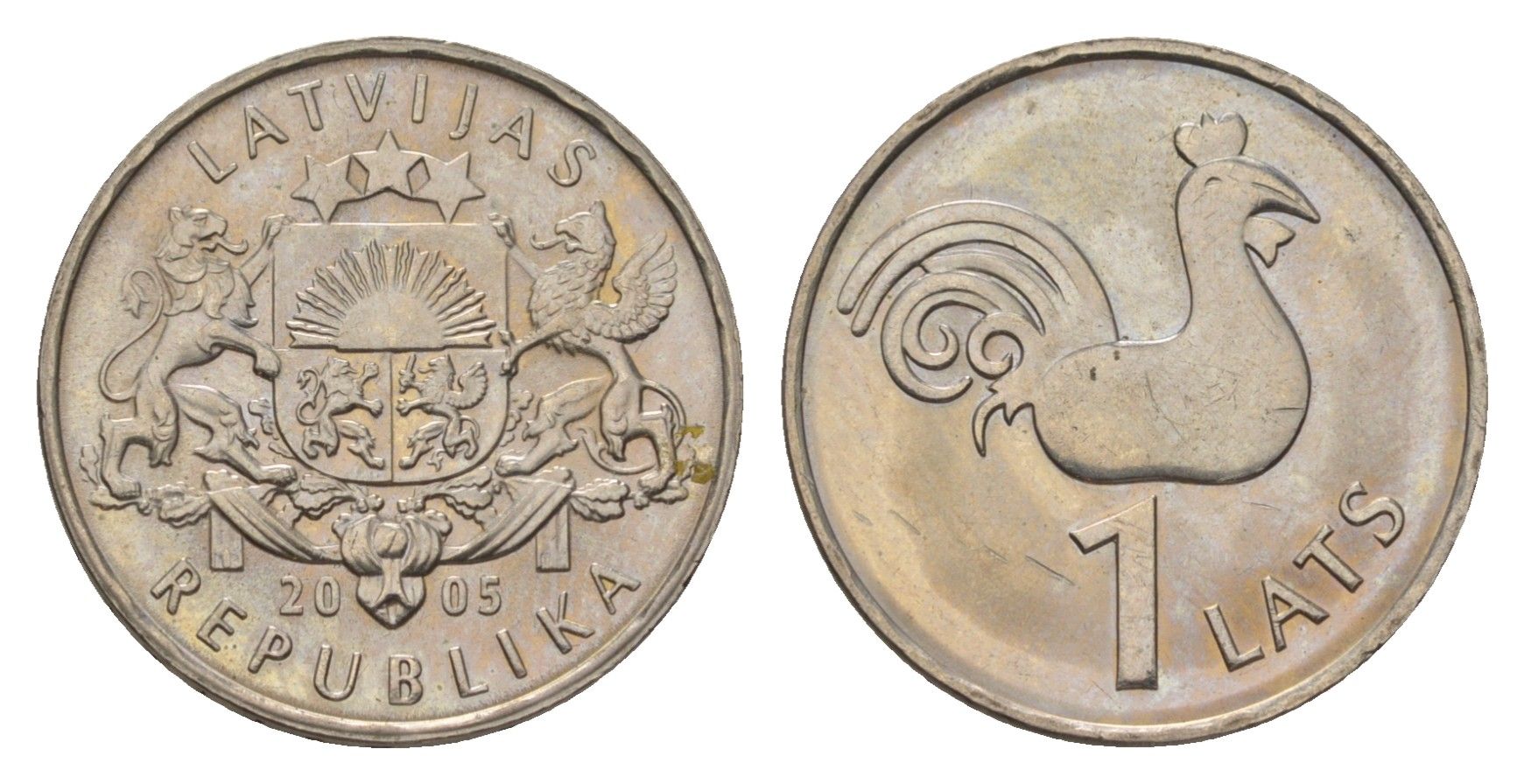 Латвия 1 лат 2005 Петух церкви Святого Петра KM 65 медно-никель UNC 4625-1063