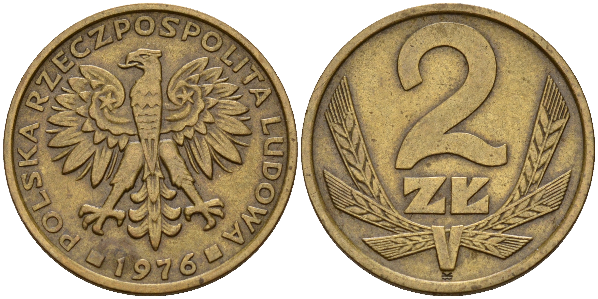 Польша 2 злотых 1976 Ленинградский монетный двор (ЛМД) KM 80.1, Parchimowicz 217b латунь  4161-1046