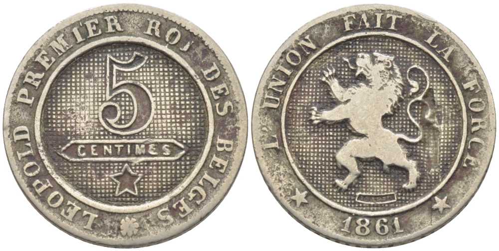 БЕЛЬГИЯ 5 САНТИМОВ 1861 BELGES, ЛЕОПОЛЬД III (1934-1950) KM 21 медно-никель 116-938