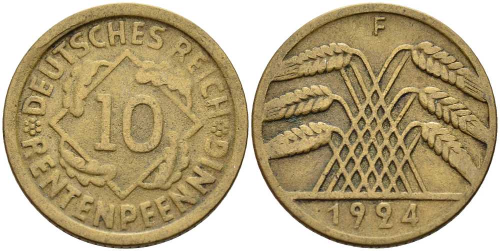 Германия 10 рентенпфеннигов 1924 F KM 33, J. 309 алюминиевая бронза 4401-411