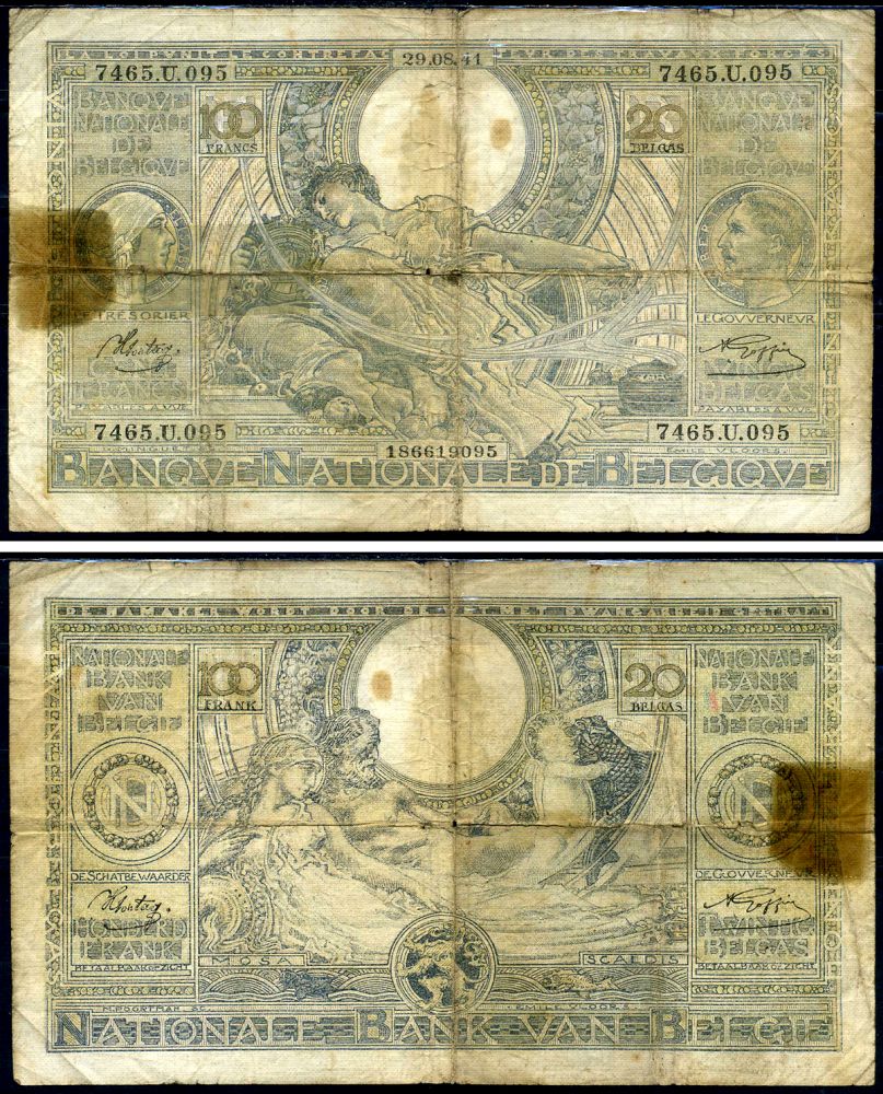 Бельгия 100 франков 1941 Pick 107 бумага 8564-34-2-2