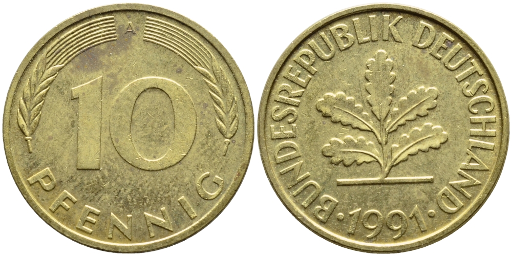 ФРГ 10 ПФЕННИГОВ 1991 А KM 108, J.383 сталь плакированная латунью 4393-826