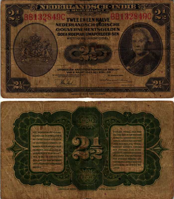 Нидерландская Индия 2 1/2 гульдена 1943 Вильгельмина I (1890-1948) Pick 112 a бумага 8605-28-3-2