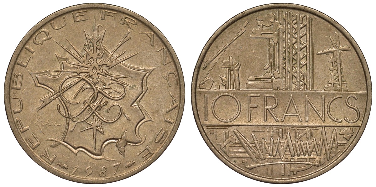 Франция 10 франков 1987 тип Матье KM 940, Le Franc 365.27-28 никель латунь 4123-626
