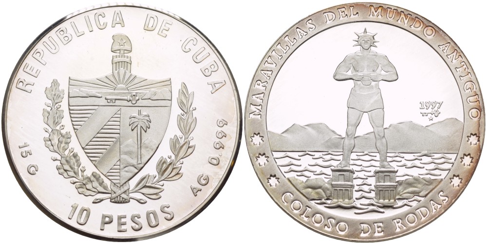 Куба 10 песо 1997 серия семь чудес света, колосс Родосский KM 596 серебро  PROOF  02-037-43