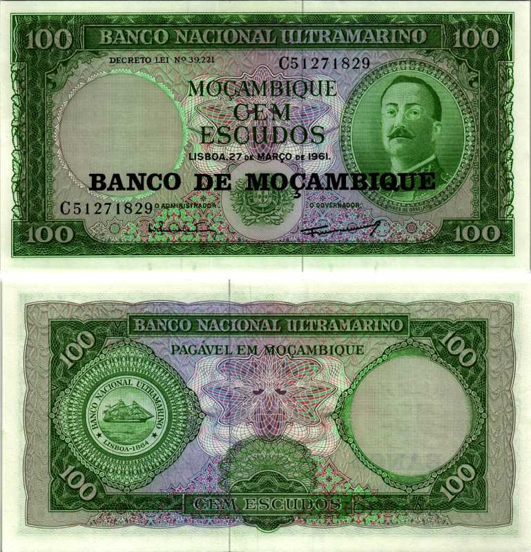 Мозамбик 100 эскудо 1961 (1976) надпечатка на 1961, Айрес де Орнелас  Pick 117 a бумага UNC (пресс) 7116-48-1-1