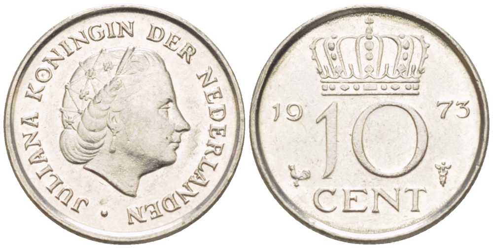 НИДЕРЛАНДЫ 10 ЦЕНТОВ 1973 ЮЛИАНА (1948-1980) KM 182 никель 214-1268