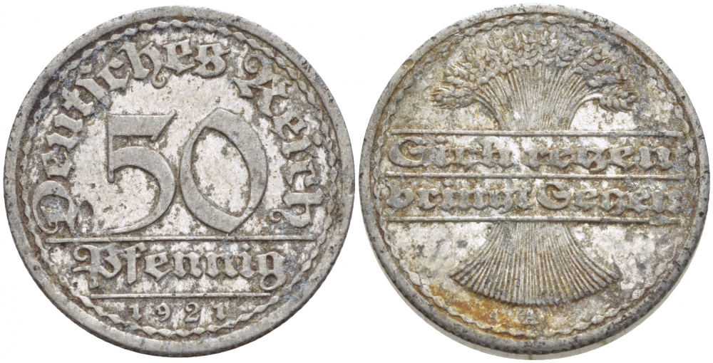 ГЕРМАНИЯ 50 ПФЕННИГОВ 1921 A KM 27, J. 301 алюминий 3718-913