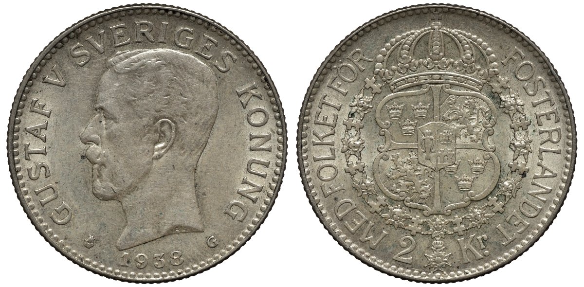 Швеция 2 кроны 1938 G, Густав V (1907-1950) KM 787 серебро 00-00