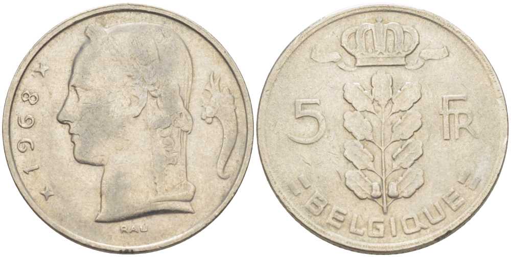 БЕЛЬГИЯ 5 ФРАНКОВ 1968 BELGIQUE, БОДУЭН I (1951-1993) KM 134.1 медно-никель 202-1244