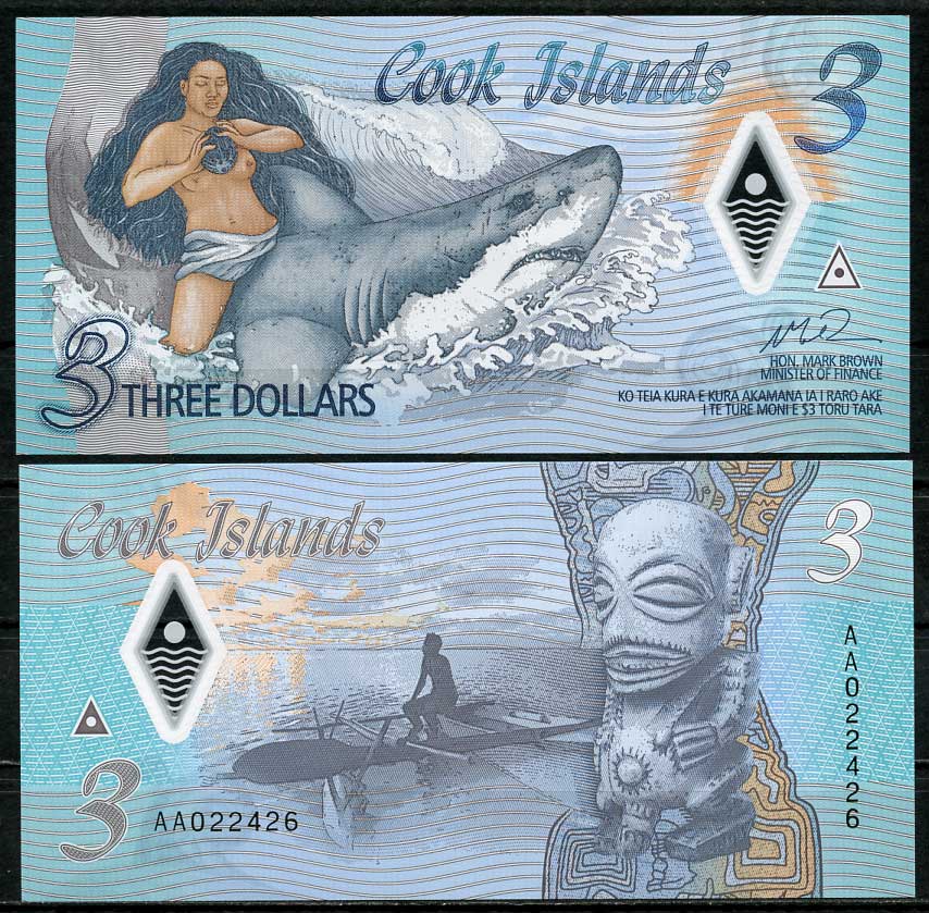 Острова Кука 3 доллара ND (2021) полинизийская легенда "Ина и акула", каноэ, древняя фигура Pick 11 пластик UNC (пресс) 449-16-3